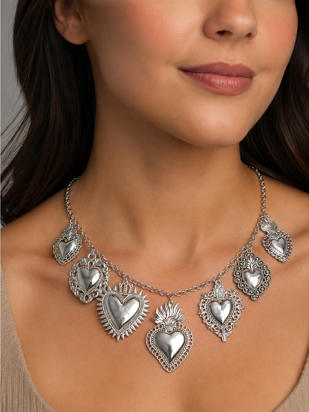 Silver Sacred Heart Charm Necklace - Women Jewelry